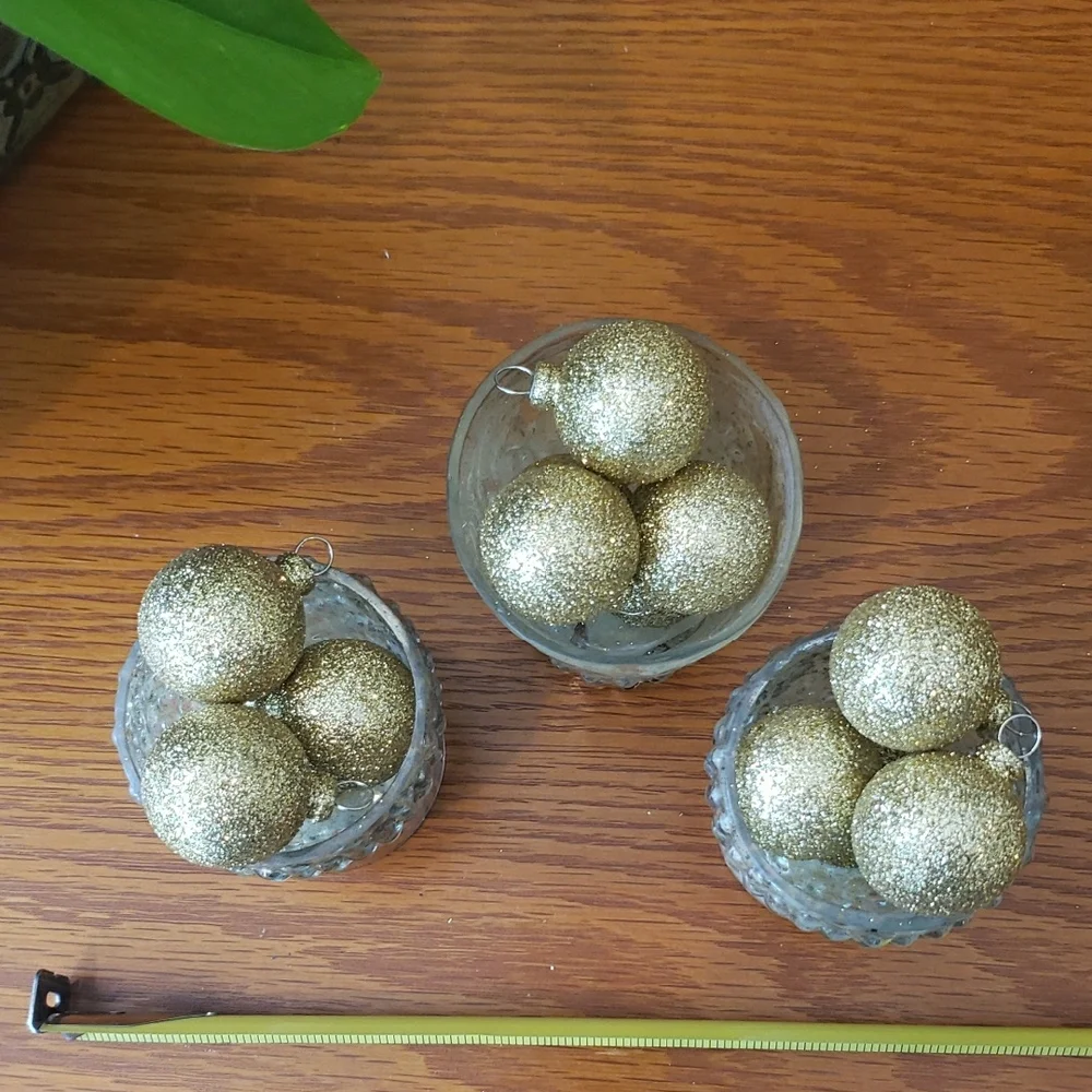 Painted Gold Decorative Tealight/Votive Holder Set (3) w/ Glitter Ball Ornaments